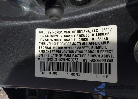 2017 Honda Civic Touring from USA, damaged, VIN 19XFC1F92HE020072